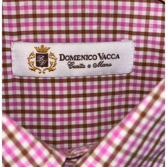 Domenico Vacca Mens Dress‎ Shirt Pink Brown Gingham Check Cotton Tailored 15.5